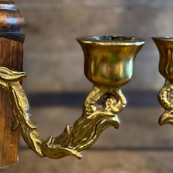 Vintage Wall Wood/Metal Double Arm Leaf Scroll Scone/Candleholders - Picture 7 of 12